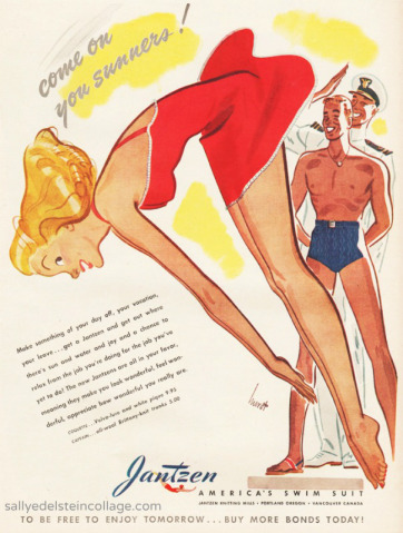 1943 vintage ad for Jantzen Swimsuits featuring an illustration of a woman diving in a red bathingsuit while two men look on. 