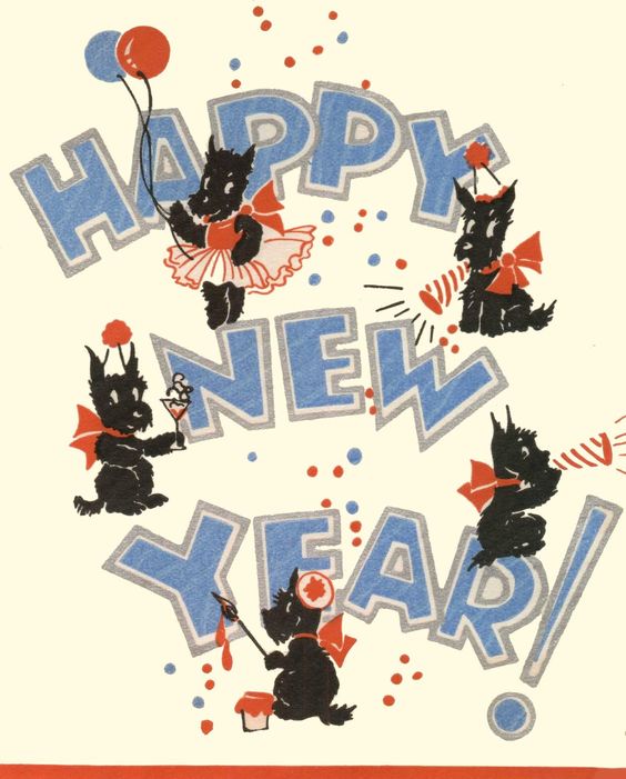 vintage scottie dogs illustration a happy new year card. 