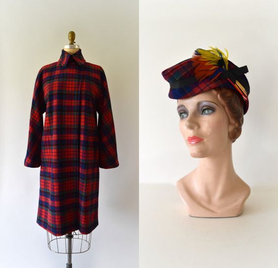 1940s Fashion: Red Plaid Wool Swing Coat and Hat Set