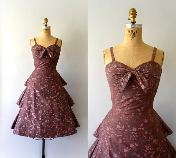 1950s Vintage Dress - 50s Pink and Silver Floral Cotton Dress