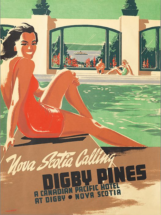 Nova Scotia Calling - Digby Pines vintage travel poster featuring an illustration of a woman in the 1940s / 1950s in her swimsuit at the pool.