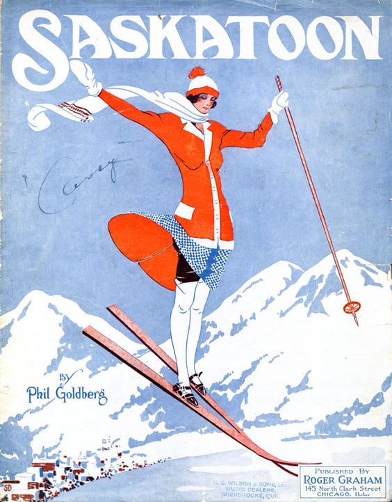 Vintage Sheet Music 1915 called Saskatoon featuring an illustration of a women skier on the slopes. 