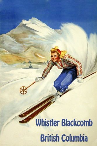 1940s Vintage Whistler travel poster featuring a downhill skier. 