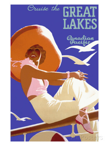 1930s Canadian Pacific Cruise the Great Lakes travel poster featuring an illustration of a 1930s woman in 1930s cruisewear on a boat 