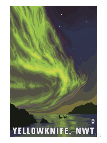 Vintage travel Poster for Yellowknife, North West Terrorities featuring the Northern Lights. 