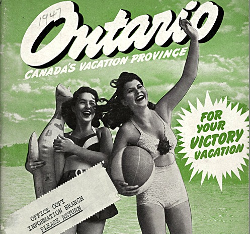 1940s vintage ontario vintage travel poster featuring two women on a dock with a blow up ball and a floatie in 1940s hairstyles and 1940s swimsuits. 