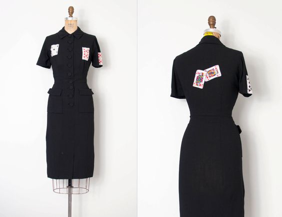 1940s Fashion: vintage 1940s dress playing card novelty applique black 40s wiggle dress