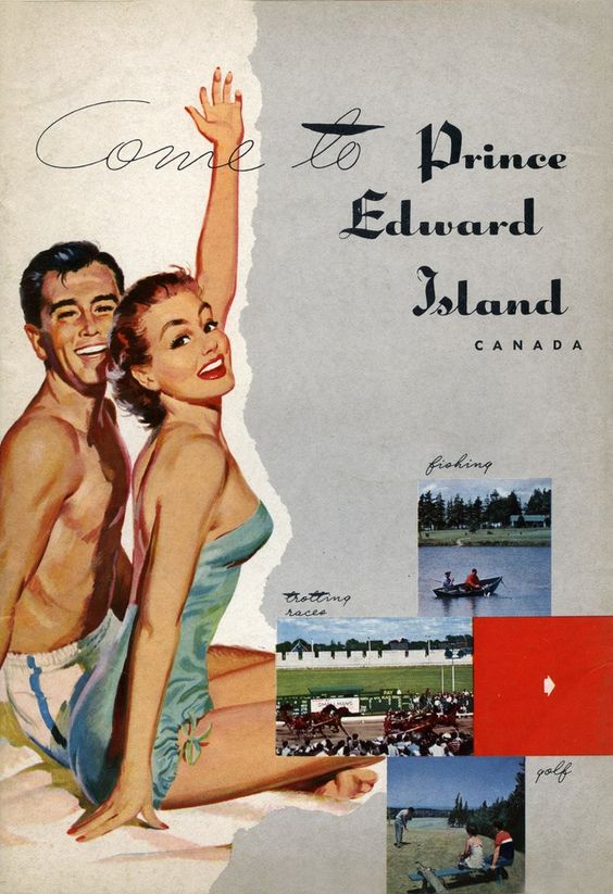 1950s Vintage Travel Poster for Prince Edward Island featuring an illustration and photos of people enjoying the island. 