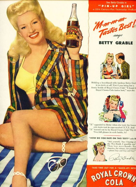 1940s Vintage Ad for RC Cola featuring Betty Grable in this vintage food ad. Betty is shown in various illustrations drinking Royal Crown Cola. 