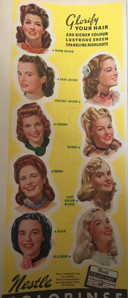 1940s Vintage Ad for Women's Hair colour featuring 1940s Hairstyles for Women. 