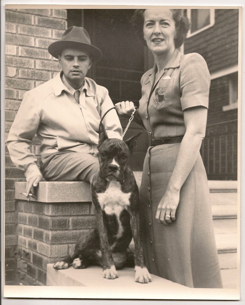  1940s vintage image of a couple posing together with their boxer dog. 