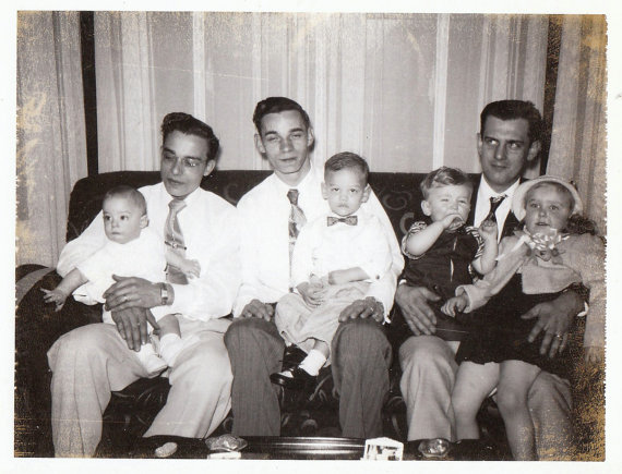 1960s Photo: Original Vintage Polaroid Photograph Snapshot Men Sitting on Couch Holding Baby Boys & Girl Toddlers 