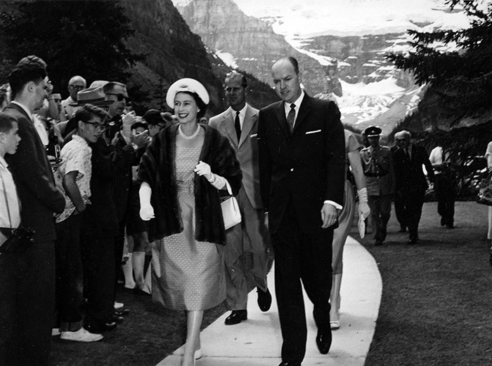 Queen Elizabeth the second at Chateau Lake Louise vintage image