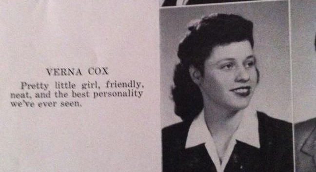 1940s vintage yearbook photo of a young 1940s woman named Verna Cox. 