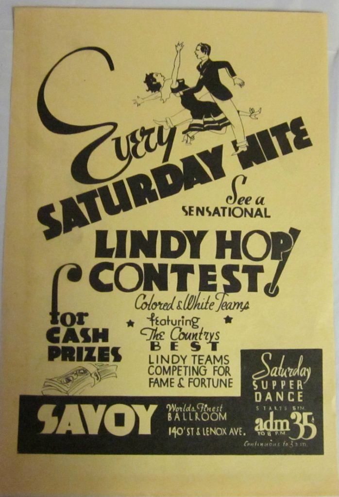 1930s / 1940s vintage advertisement for the Lindy Hop contest at the famous Savoy Ballroom in Harlem, New York