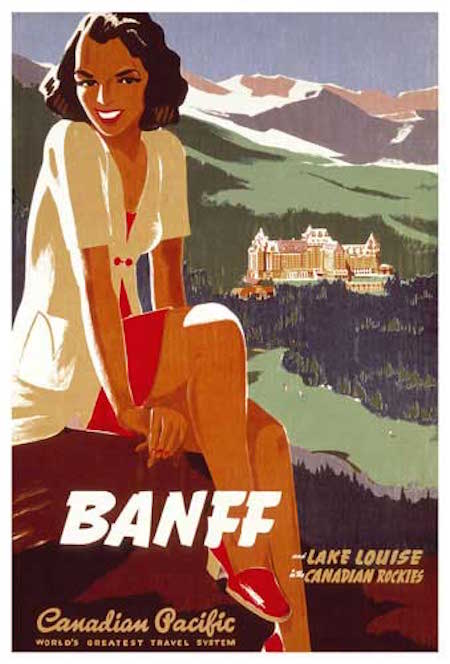 Vintage Travel Poster from the 1940s for visit by train with Canadian Pacific to Banff, Lake Louise in the Canadian Rockies. Illustration features Chateau Lake Louise and a young woman.