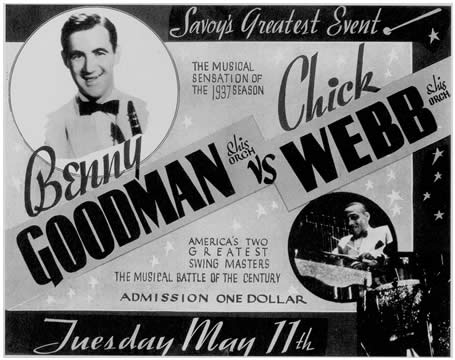 Benny Goodman vs Chick Webb vintage 1930s poster / vintage ad for the famous Battle of the Bands at the Savoy Ballroom. 