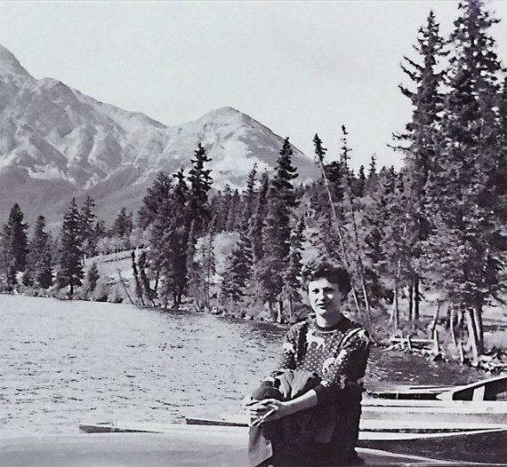 Vintage Photograph Print of Summer Holiday Woman at Mountain Lake Cabin late 1940s early 1950s