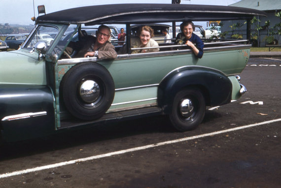 1950s Vintage Image:  Sightseeing in DeSoto Wavecrest, Hawaii, 1950's. Vintage Red Border Kodachrome Slide,