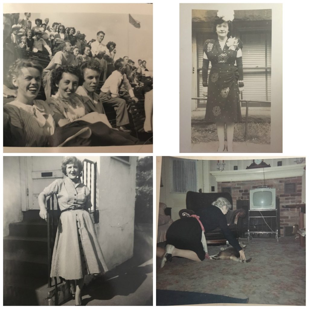 1940s and 1950s vintage image collection of three older women in 1940s and 1950s fashions and then one image of two young women and man at a game in the stands.