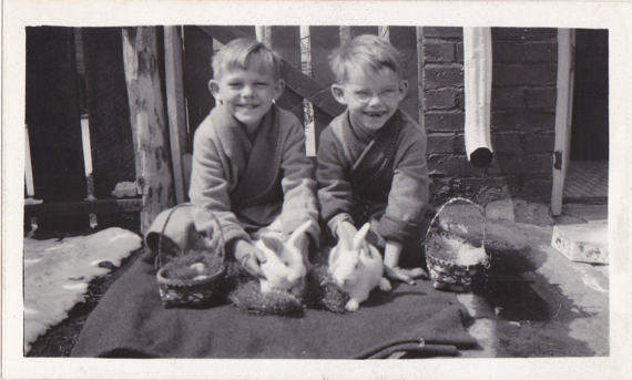 1930s vintage photo of boys at easter with real bunnies