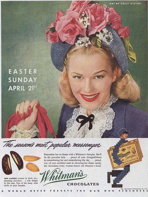 1946-- Sally Victor hats Whitman's Chocolate Ad. 1940s Vintage Ad for Easter