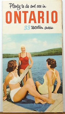 1950s Vintage Ontario Travel Brochure featuring 3 women in 1950s swimsuits sitting on a dock at a lake. 