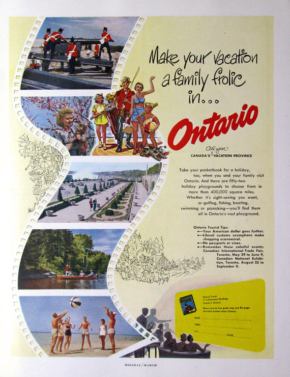 1950s Vintage Travel Ad for Ontario Canada featuring a family visiting all the sites. 