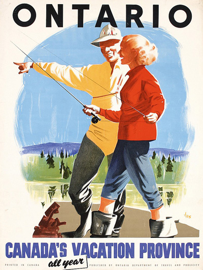 1950s vintage travel poster illustration for Ontario Canada. 