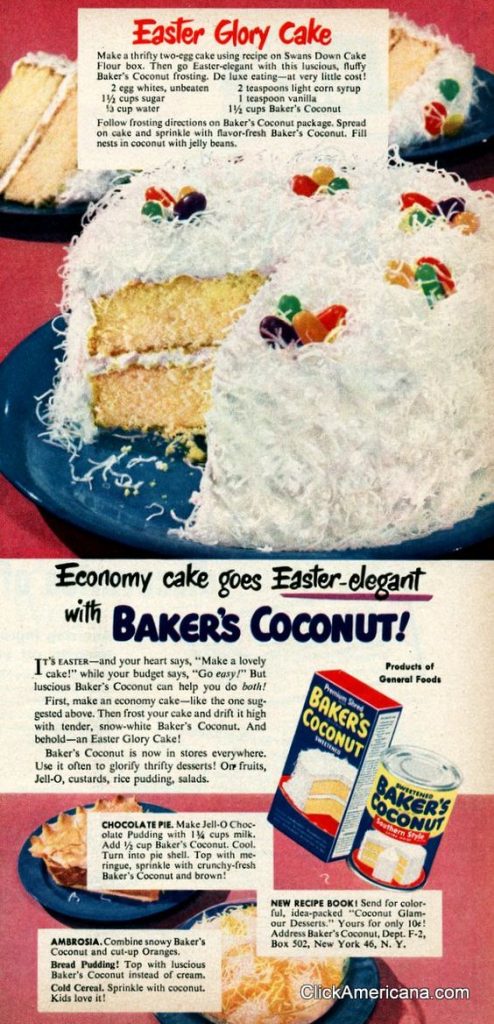 1950s vintage cake ad receipe for Easter. Easter Glory Cake