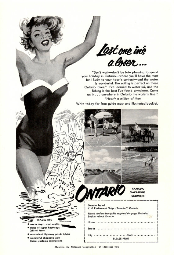 1953 Ontario Canada vintage travel ad featuring an illustration and photos of people enjoying visiting Ontario. 