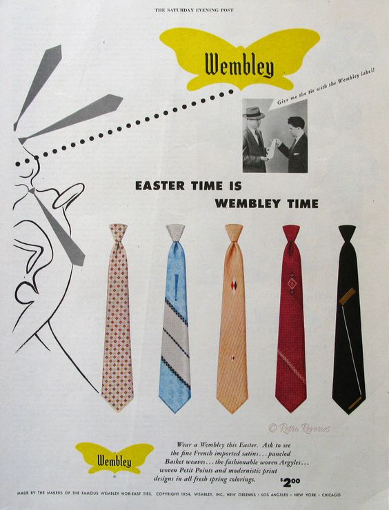 1950s Vintage Ad: 1954 Wembley Ties Ad - Easter Time is Wembley Time - 1950s Spring Neckties for Men