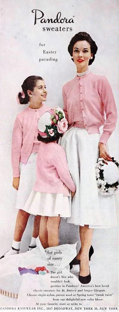 Cardigan ad Pandora Sweaters, March 1953. 1950s Vintage Fashion Ad for Easter.