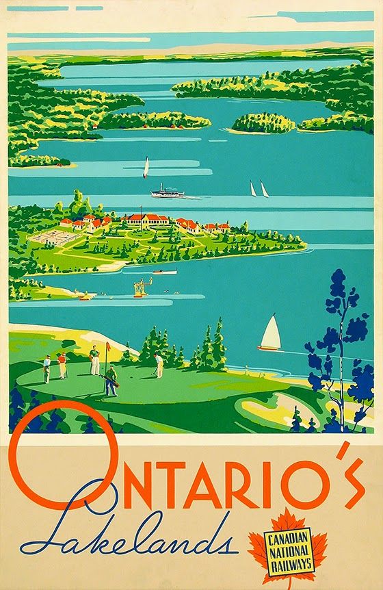 Ontario vintage travel poster illustration for Ontario's Lakelands