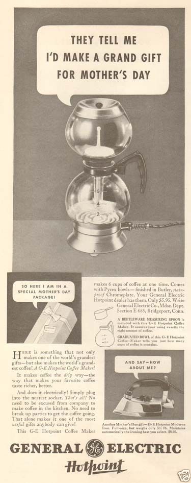 1930s vintage ad: 1935 General Electric HOTPOINT Glass Coffee Maker vintage ad. Vintage Mothers Day Ad. 