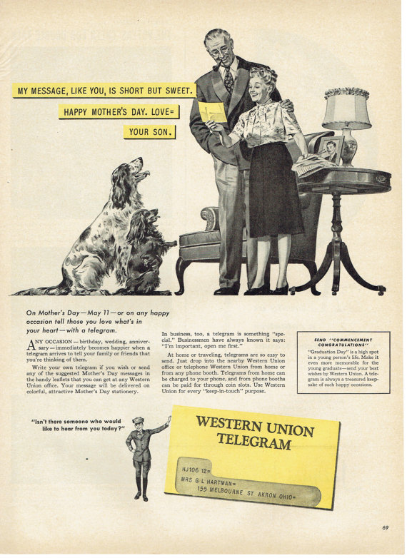 1940s Vintage Ad: 1947 Western Union Telegram Mother's Day Advertisement -Vintage Mothers Day Ad. 