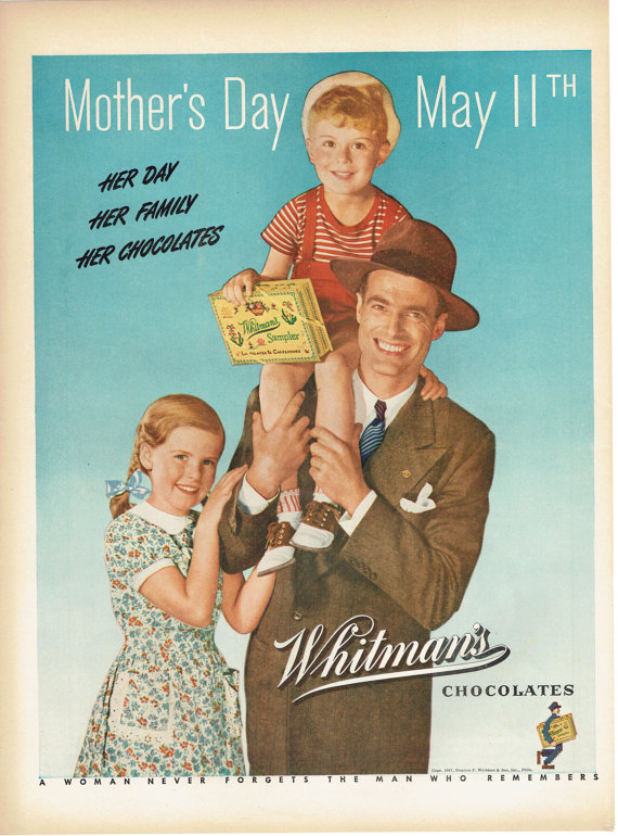 1940s Vintage Advertising: Whitman's Sampler Chocolate Candy Mother's Day Advertisement -Vintage Mothers Day Ad. 