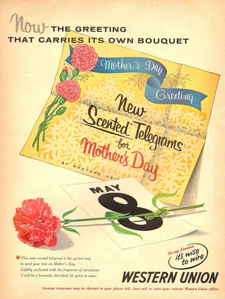 1950s vintage AD: WESTERN UNION , Scented Telegrams for Mother's Day -Vintage Mothers Day Ad. 