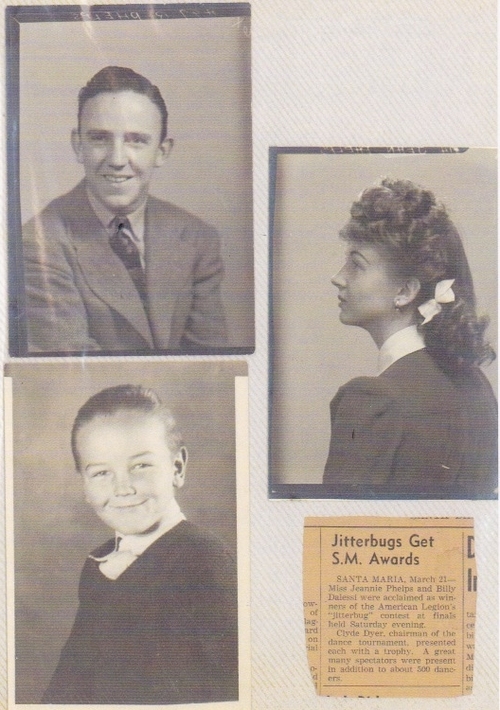 1940s vintage photos of Jean veloz with  a photo of her brother and a news clipping about being winning Jitterbugs. Jean is wearing a stunning 1940s hairstyles with hairbow. 