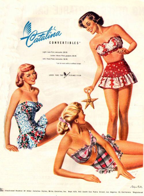 1949 Catalina Vintage Swimsuit Ad featuring 1940s swimsuits and two piece bathing suits. 