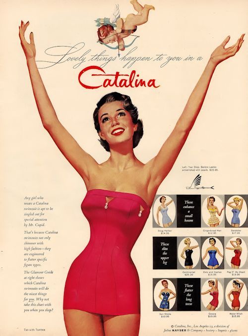 1950s vintage Catalina swimsuit ad featuring a 1950s swimsuit. 