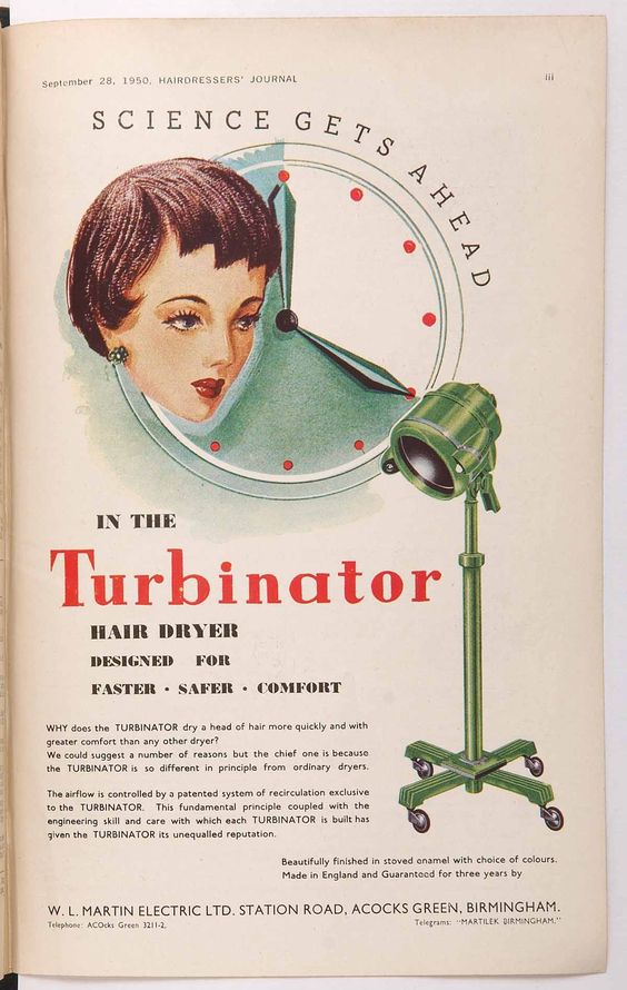 1950s vintage hair dryer advertisement -1950s "Turbinator" Hair Dyer ad.