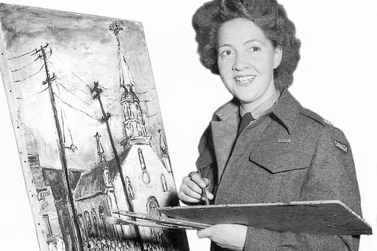 1940s Vintage Photo: Lieutenant Molly Lamb painting, June1945 Canadian History