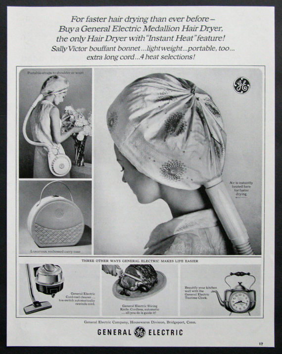 Vintage 1960s Hair Dryer Ad - 1960s General Electric Medallion Hair Dryer. 