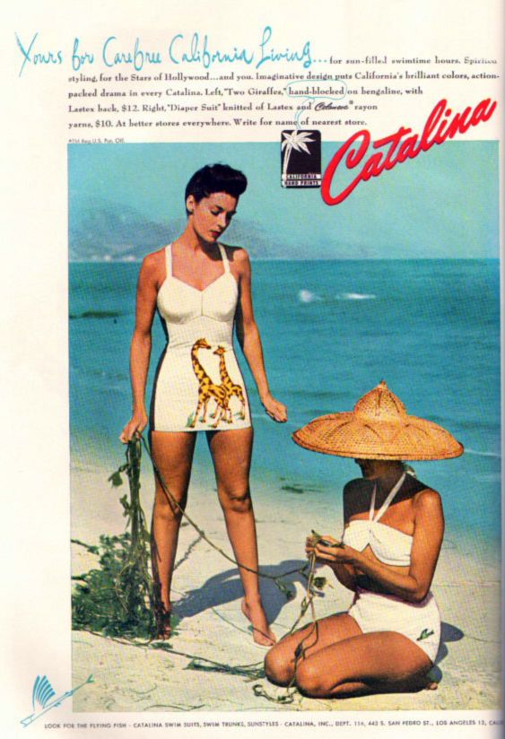 vintage 1940s Catalina Swimsuit ad featuring a giraffe on the swimsuit. 