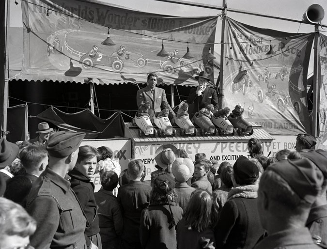 1941 Bill Lynch Carnival Show - 1940s vintage image of a Monkey Race. 