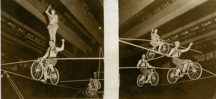 Bicycle high wire act at a Bill Lynch Show. 