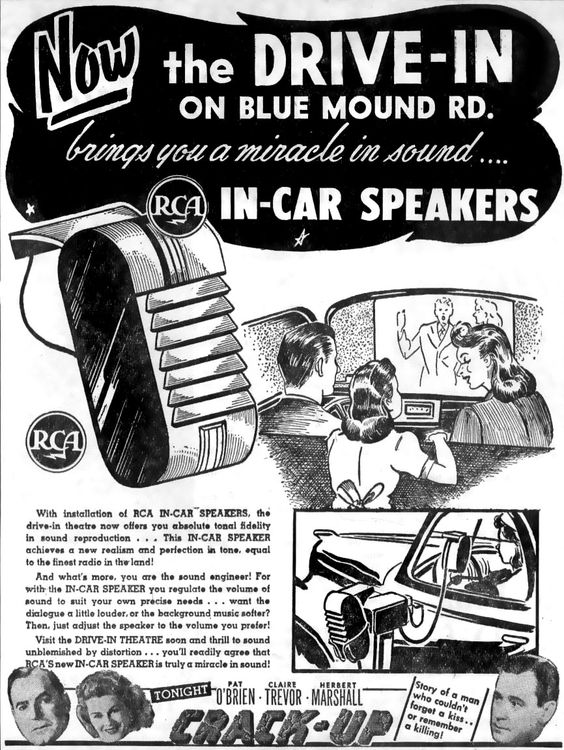 1940s vintage ad for In-Car Speakers being featuring at the Drive-In on Blue Mound Rd. 