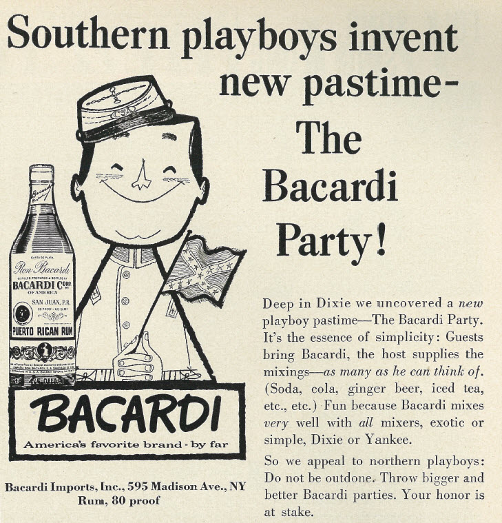 1959 Illustrated Liquor Ad, Playboy, Barcardi Puerto Rican Rum, Southern Playboys & The Bacardi Party