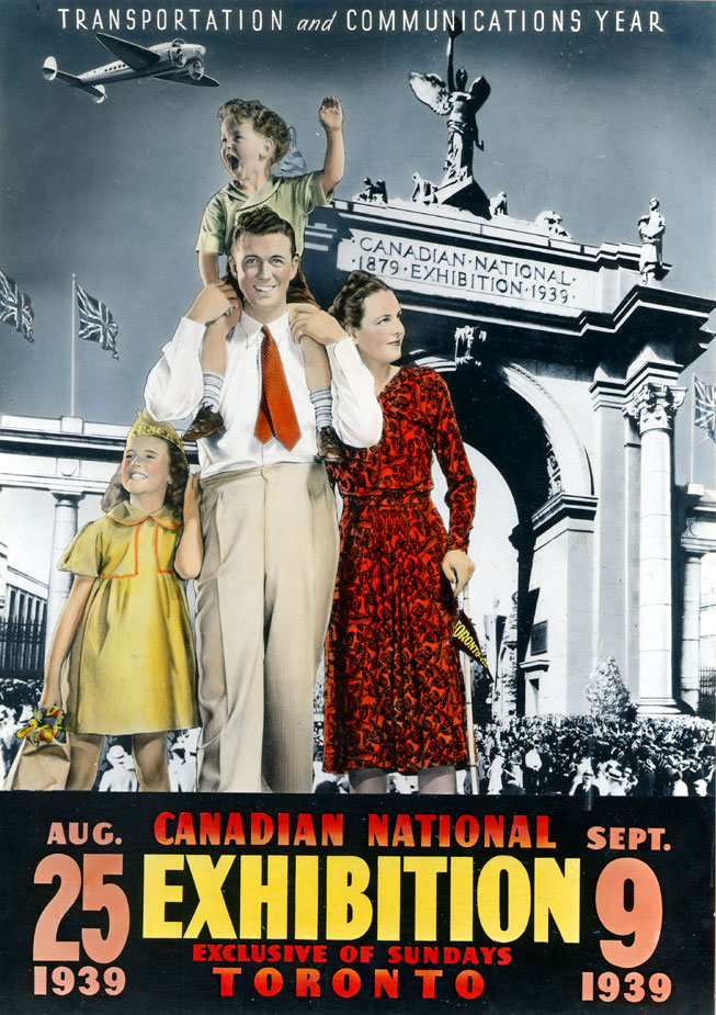 1939 CNE Poster-Transportation and Communications Year. The poster features a family in 1930s fashions in colour. 